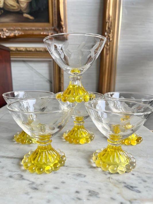 Rare Vintage Anchor Hocking Boopie Yellow Laurel Etched Champagne  Sherbert Footed Glasses Set of 6