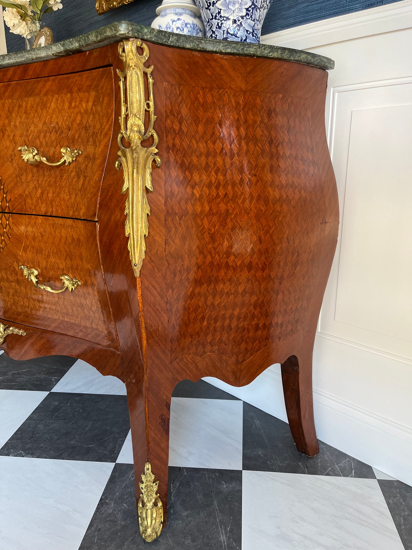 Vintage French Marquetry Bombe Commode Chest Dresser with Green Marble Top & Gilt Brass