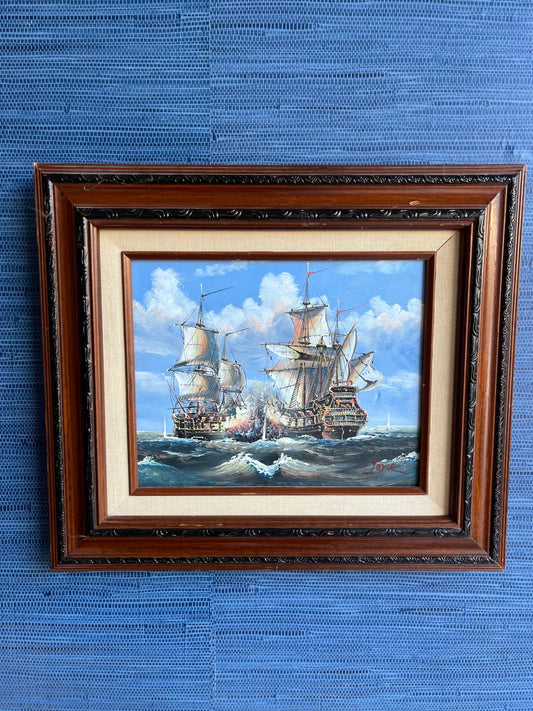 Cannon Fire at Sea – Original Framed Oil Painting of Historic Galleon Ship Battle, Signed Joyce | Wall Art