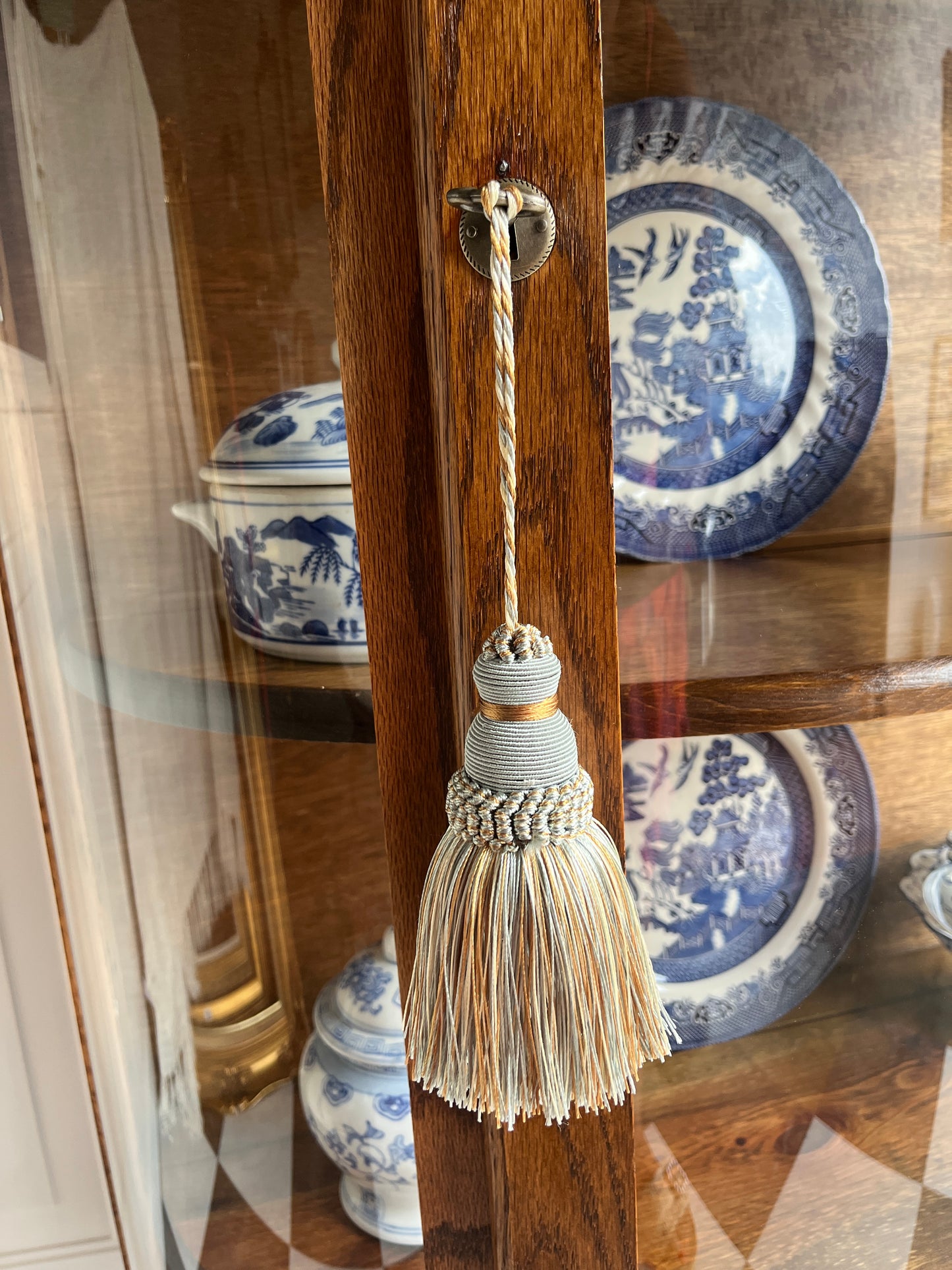 Vintage Oak China Curio Cabinet with Curved Glass & Skeleton Key + Lock | Heirloom Display Showcase