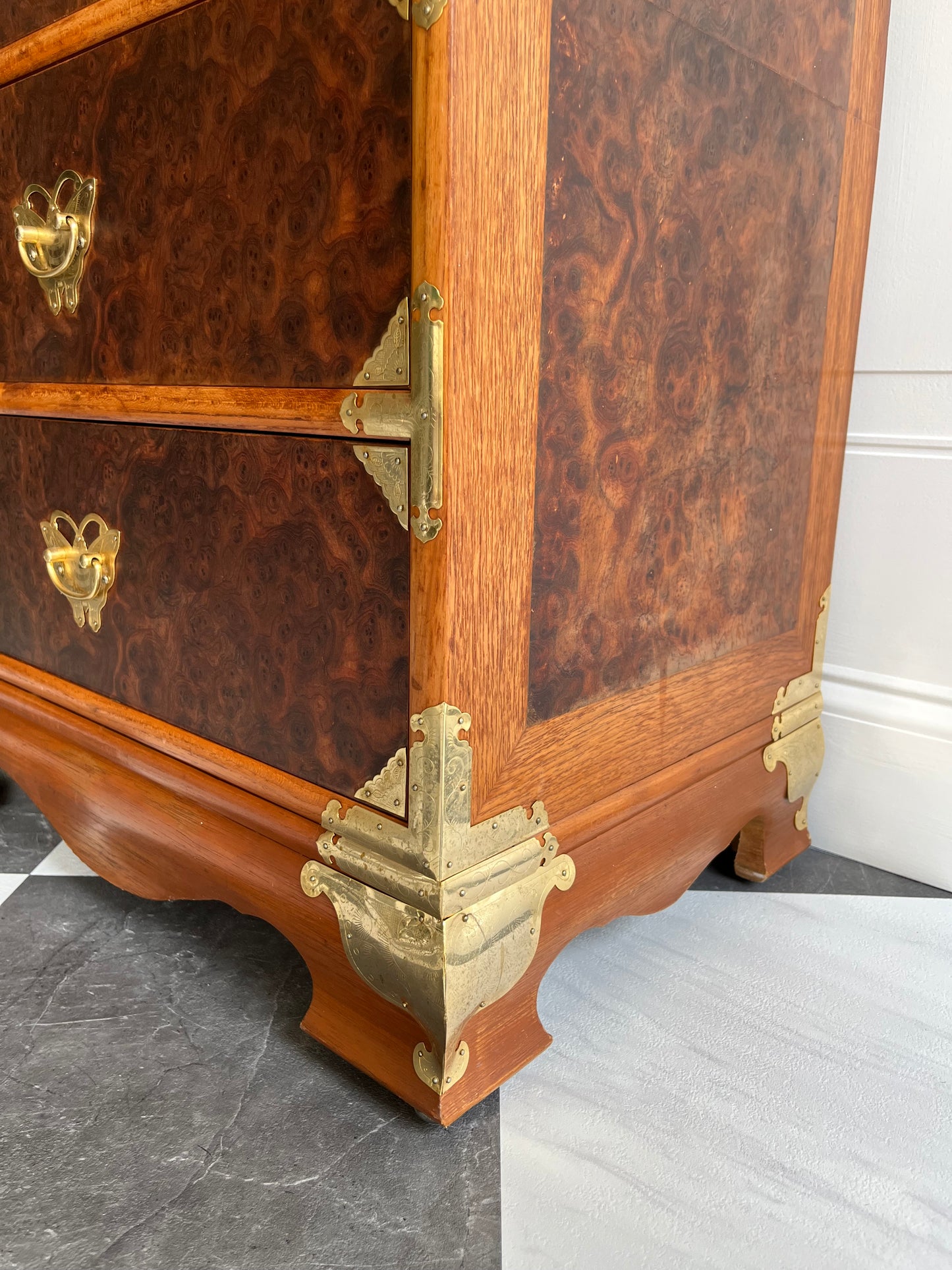 Vintage Korean Tansu-Style Cabinet Lingerie Dresser | Burl Wood & Brass Chest-on-Chest