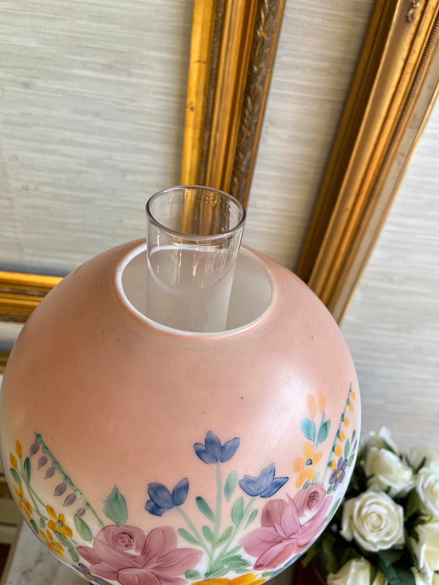 Antique Victorian Parlor Brass Banquet Gone With The Wind Hand Painted Floral Electrified Oil Lamp circa late 1800s