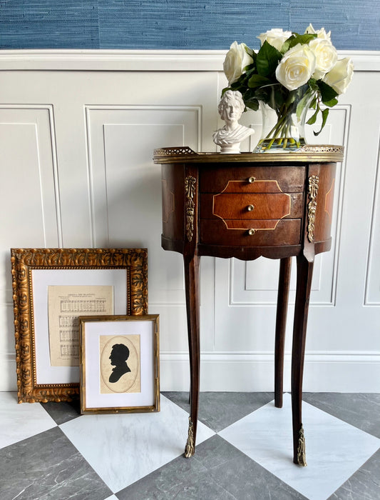 Petite Vintage French Marquetry Side Accent Table with Brass Ormolu Ribbons & Gallery Trim | Nightstand, End Table