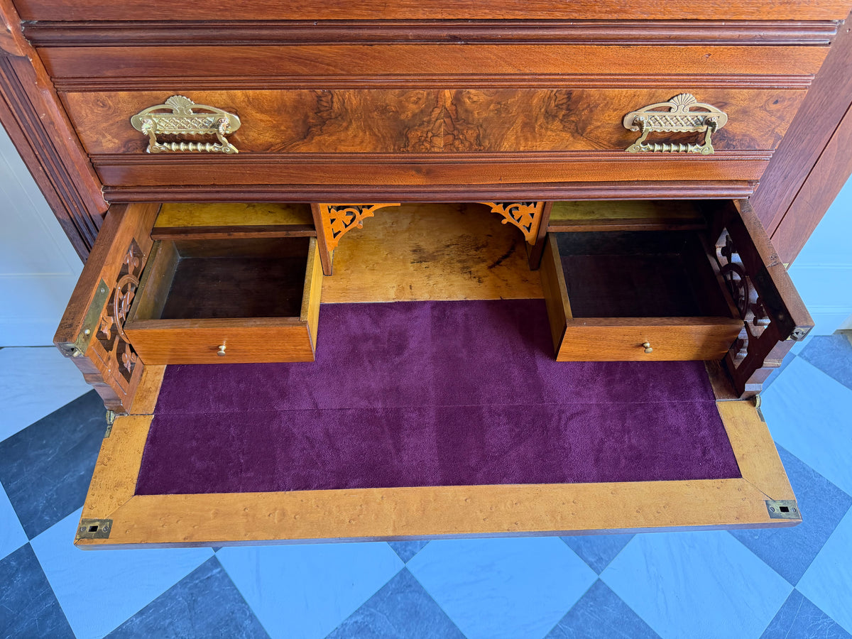 Antique 19th Century Eastlake Secretaire Chest | Side-Locking Burl Walnut Chest with Hidden Writing Desk