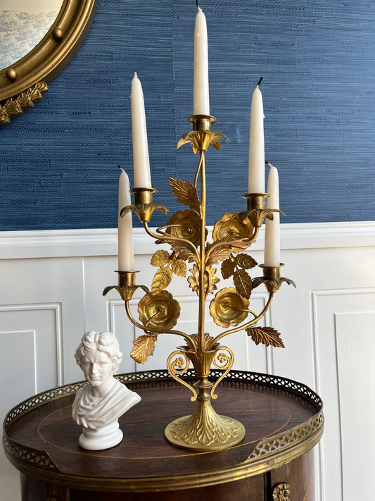 Exquisite Antique Italian Gilt Brass Floral 5 Arm Candelabra | Handcrafted Rose & Acanthus Detailing Candlestick Holder |