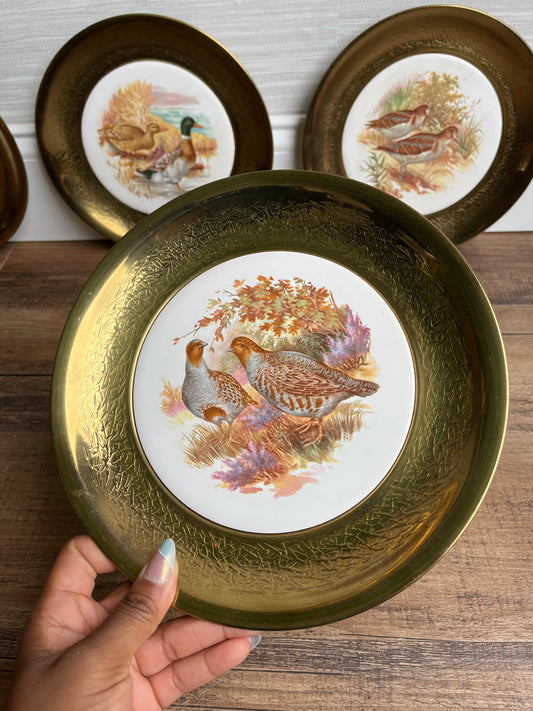 9” Vintage Birds on Porcelain Brass Wall Plate Set of 4 Made In England