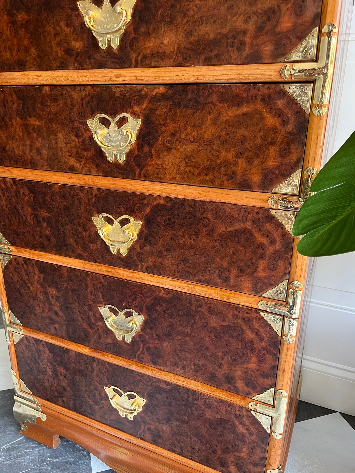 Vintage Korean Tansu-Style Cabinet Lingerie Dresser | Burl Wood & Brass Chest-on-Chest