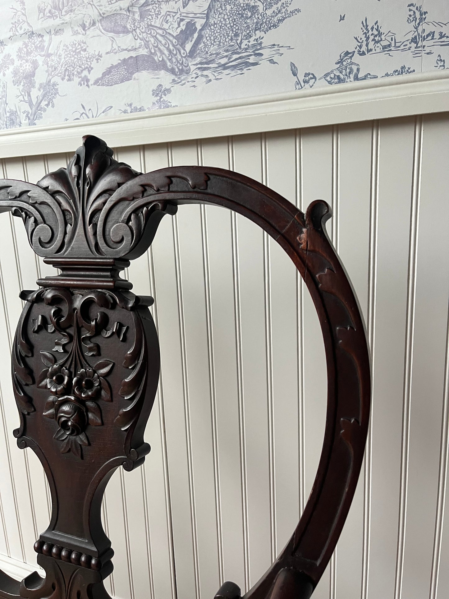 Antique Hand Carved Floral Settee Wood Bench With Original Wood Casters | 19th Century | Ships Free