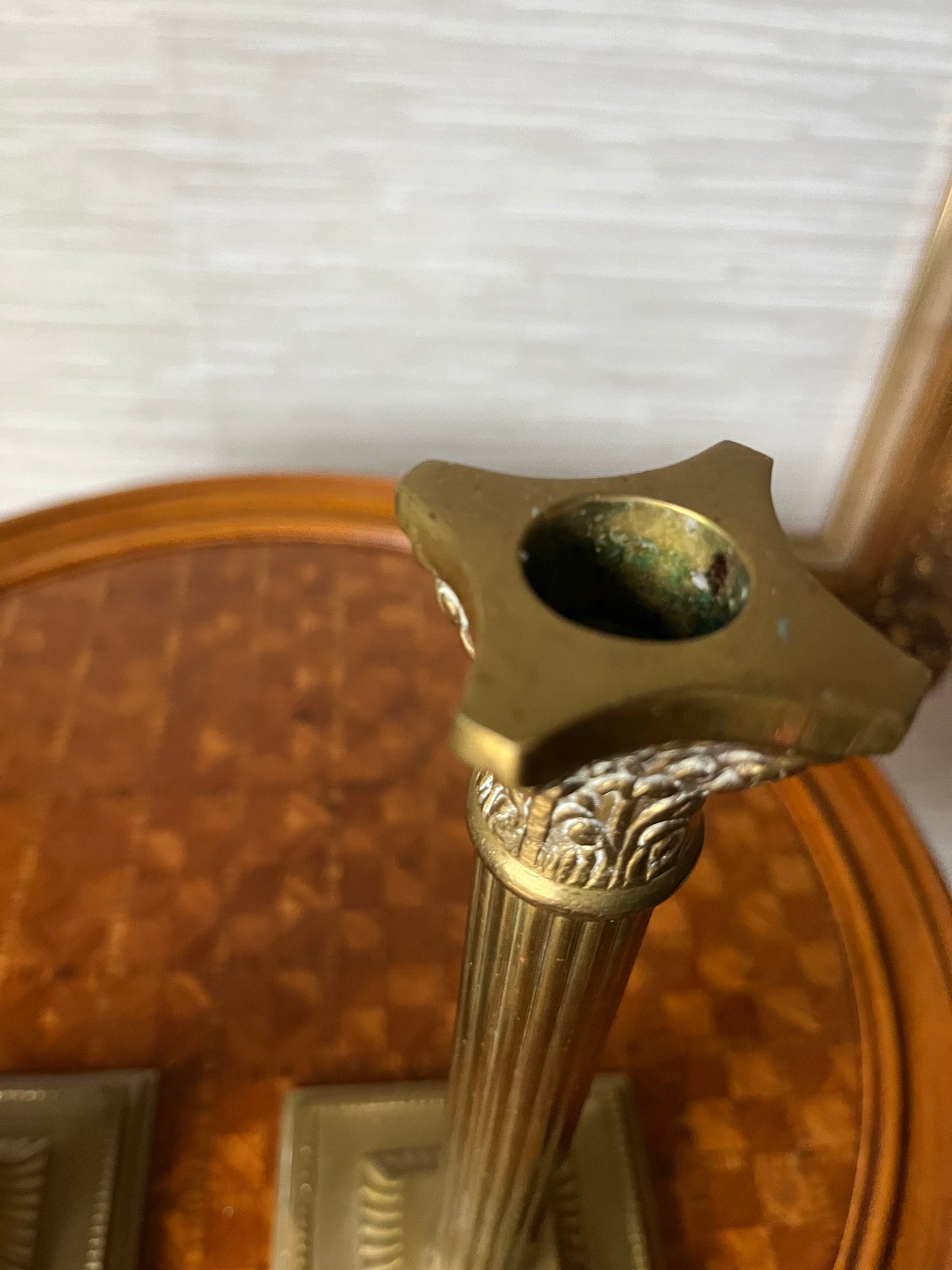 Vintage Neoclassical Brass Greek Corinthian Column Candlestick Holder Pair