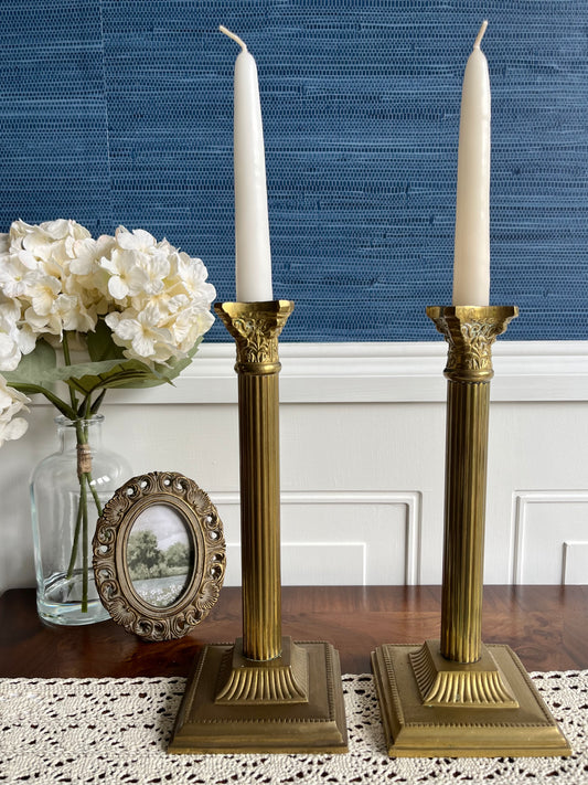 Vintage Neoclassical Brass Greek Corinthian Column Candlestick Holder Pair
