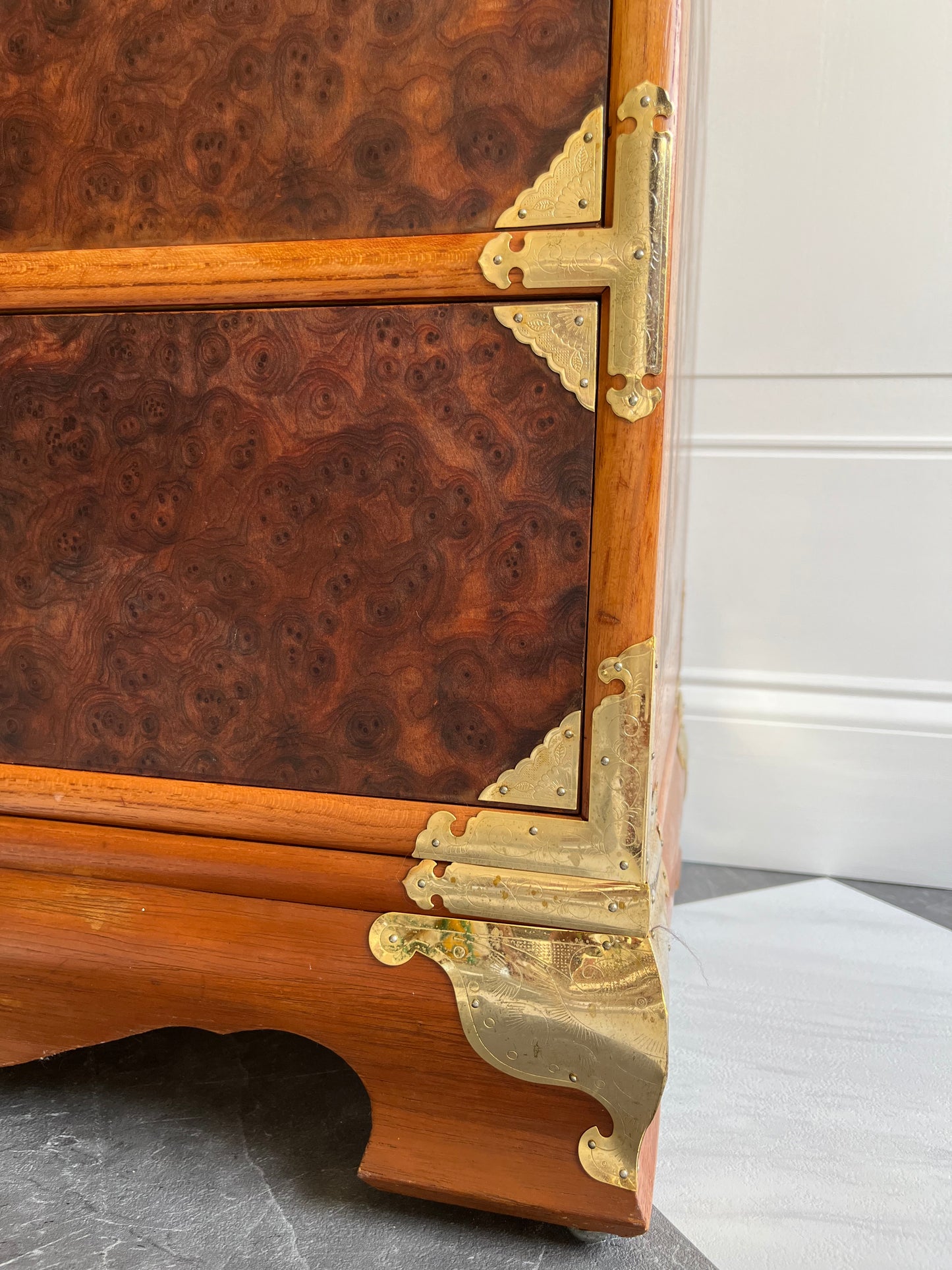 Vintage Korean Tansu-Style Cabinet Lingerie Dresser | Burl Wood & Brass Chest-on-Chest