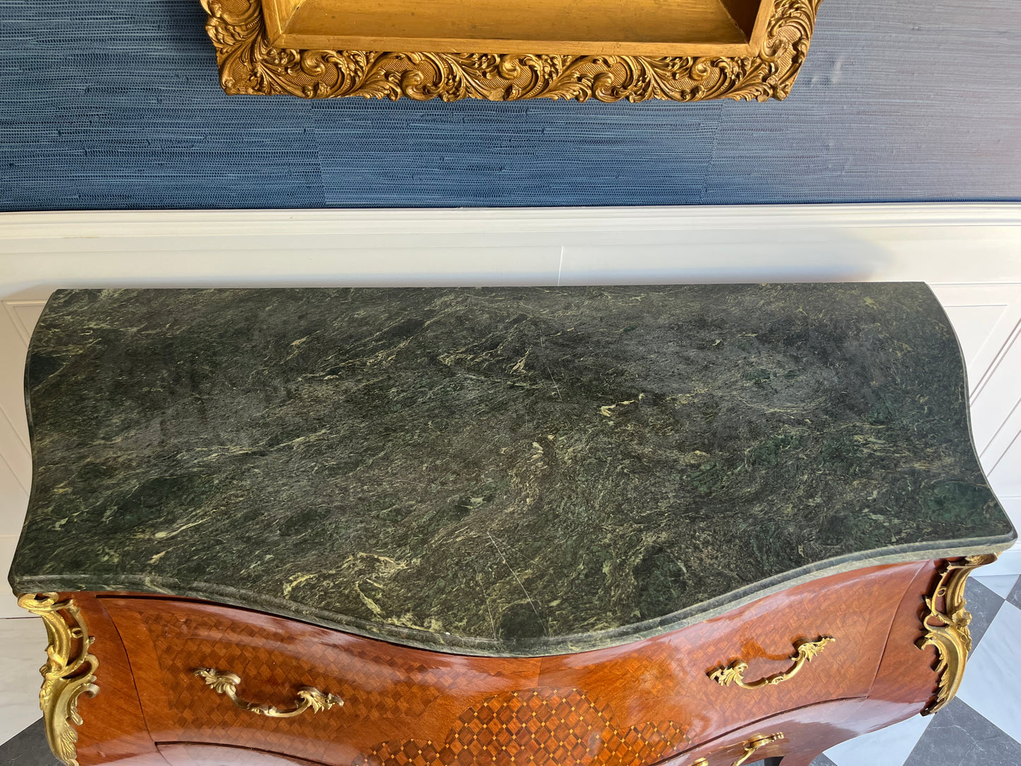 Vintage French Marquetry Bombe Commode Chest Dresser with Green Marble Top & Gilt Brass