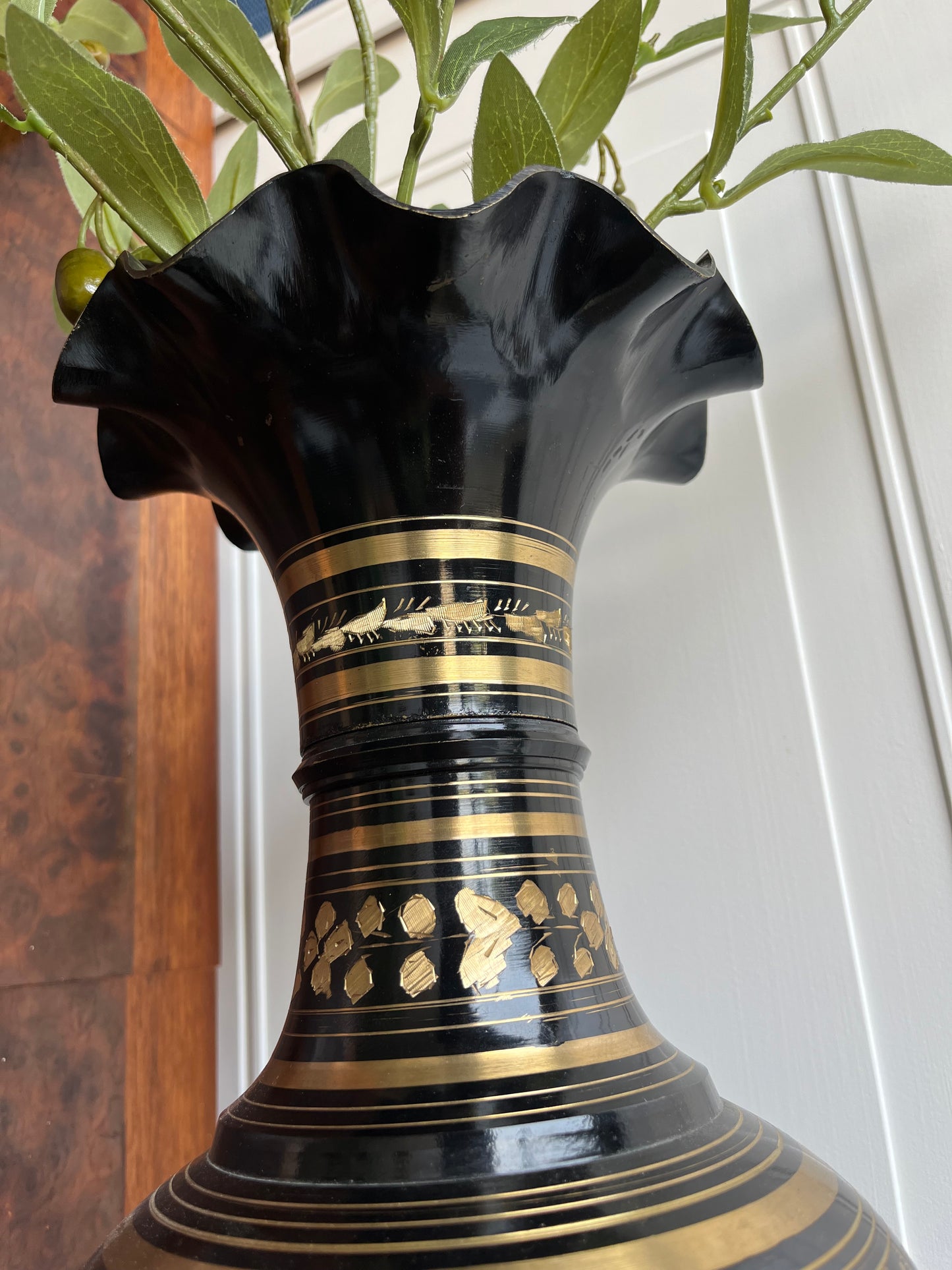 24” Hand-Etched Black & Gold Brass & Enamel Floor Vase – Statement Planter or Decorative Entryway Accent
