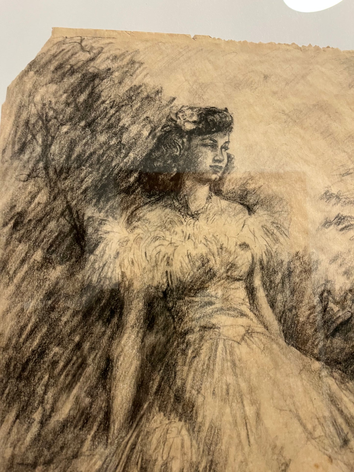 1940s Charcoal Portrait in Ornate Gold Frame