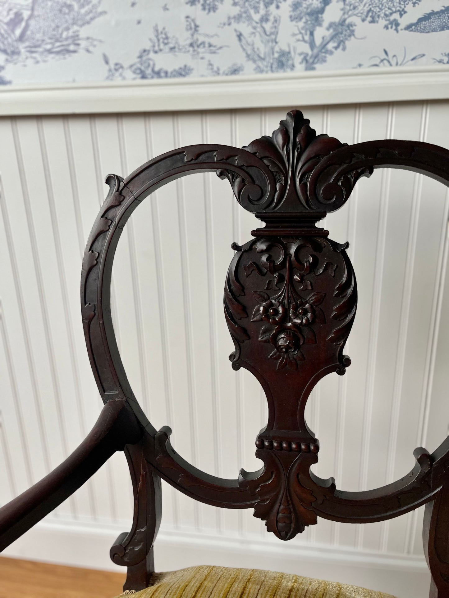 Antique Hand Carved Floral Settee Wood Bench With Original Wood Casters | 19th Century | Ships Free