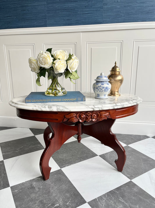 Vintage Italian Marble Top Floral Carved Mahogany Coffee Table | Mid Century Victorian Revival
