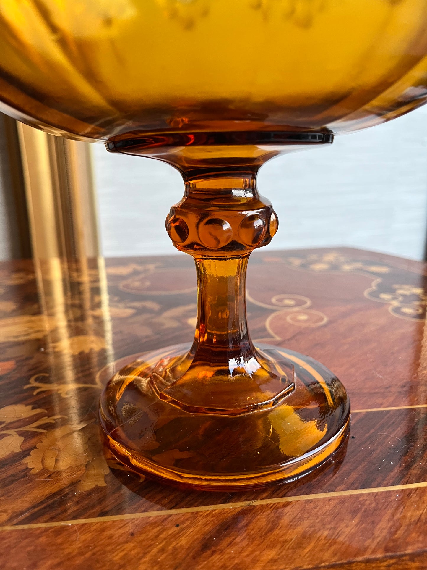 Vintage Amber Glass Teardrop Bowl Raised Pedestal Bowl