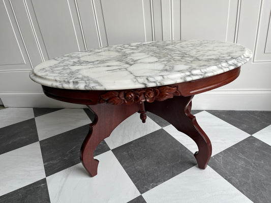 Vintage Italian Marble Top Floral Carved Mahogany Coffee Table | Mid Century Victorian Revival