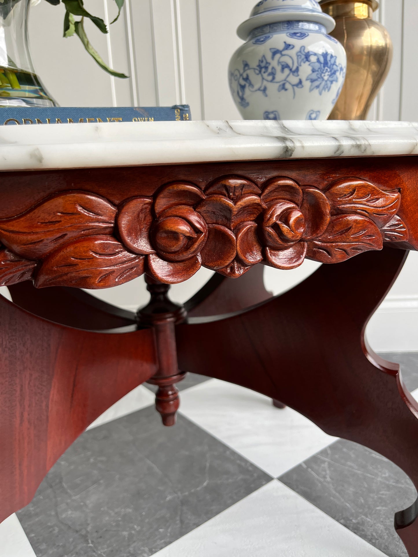 Vintage Italian Marble Top Floral Carved Mahogany Coffee Table | Mid Century Victorian Revival