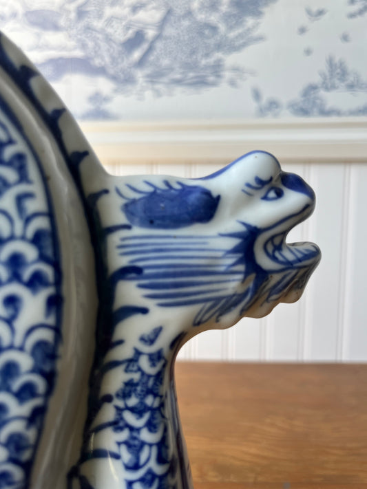 Vintage Hand Painted Blue and White Porcelain Chinese Dragon Teapot with Reign Mark