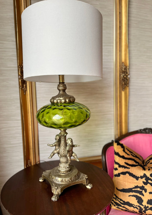 Beautiful Vintage Italian Empoli Green Glass Cherub Table Lamp