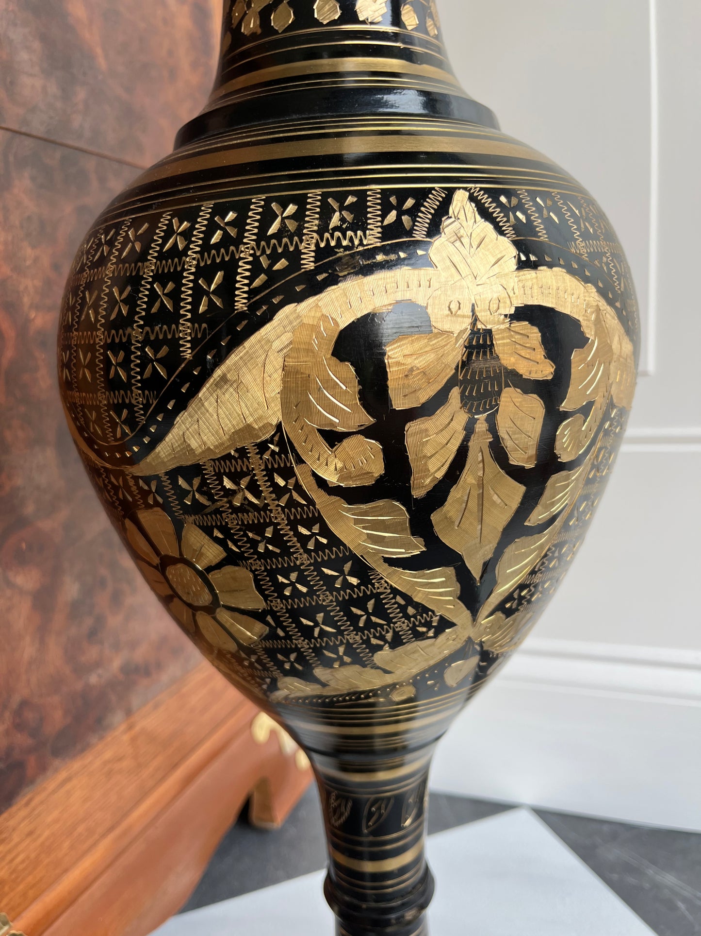 24” Hand-Etched Black & Gold Brass & Enamel Floor Vase – Statement Planter or Decorative Entryway Accent