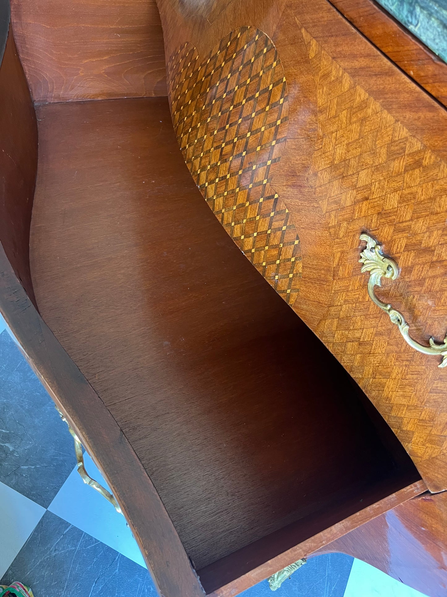 Vintage French Marquetry Bombe Commode Chest Dresser with Green Marble Top & Gilt Brass
