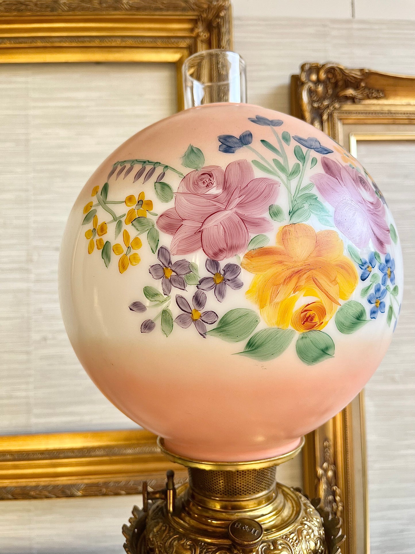 Antique Victorian Parlor Brass Banquet Gone With The Wind Hand Painted Floral Electrified Oil Lamp circa late 1800s