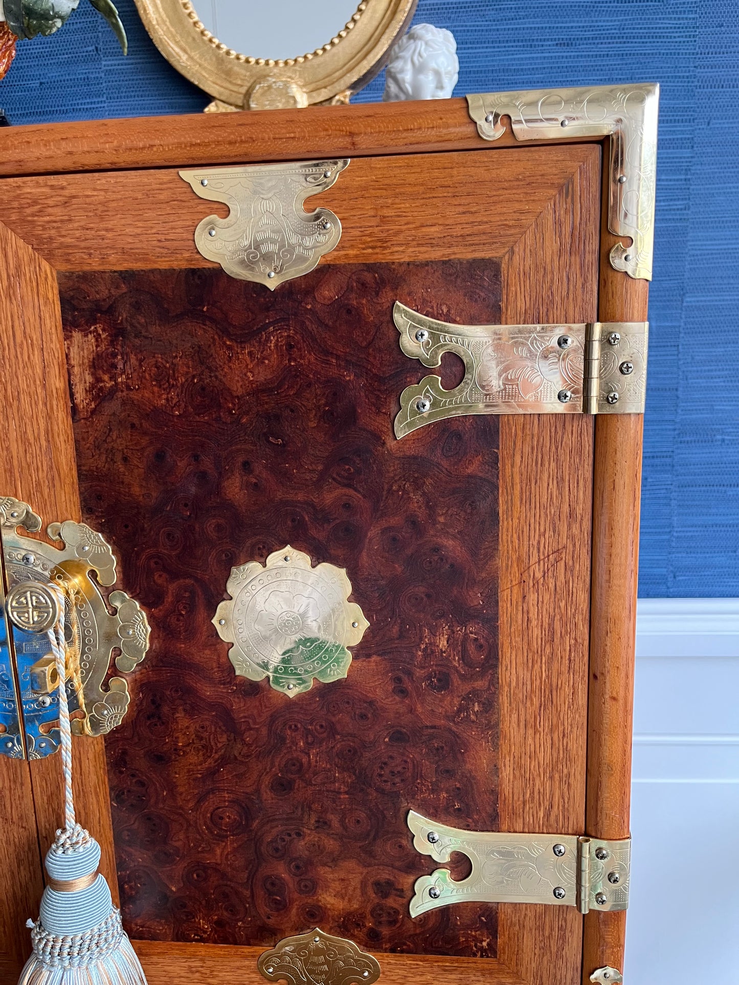 Vintage Korean Tansu-Style Cabinet Lingerie Dresser | Burl Wood & Brass Chest-on-Chest