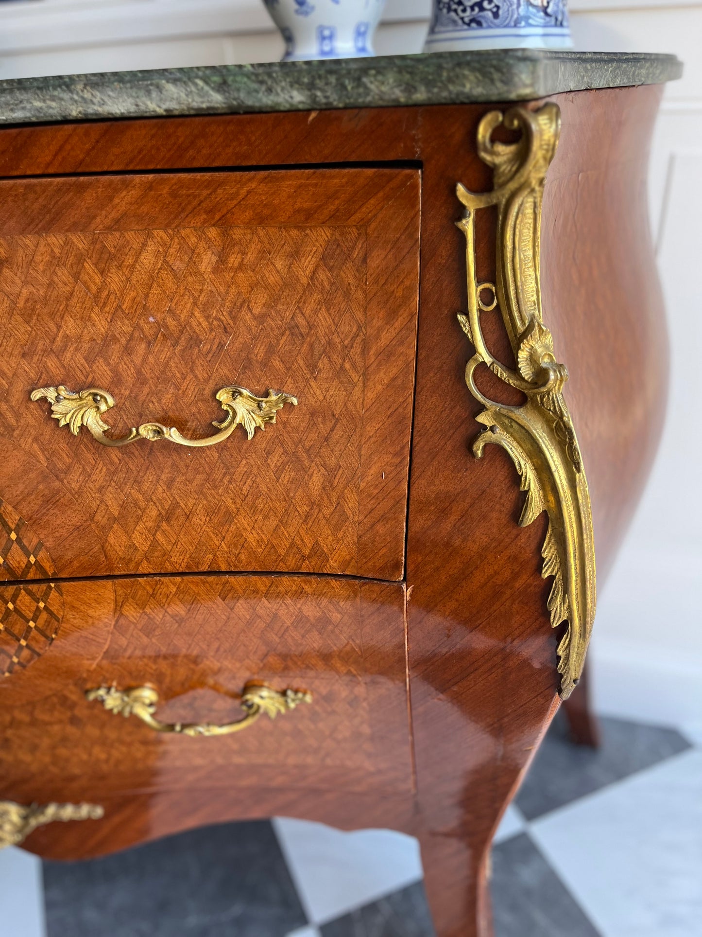Vintage French Marquetry Bombe Commode Chest Dresser with Green Marble Top & Gilt Brass
