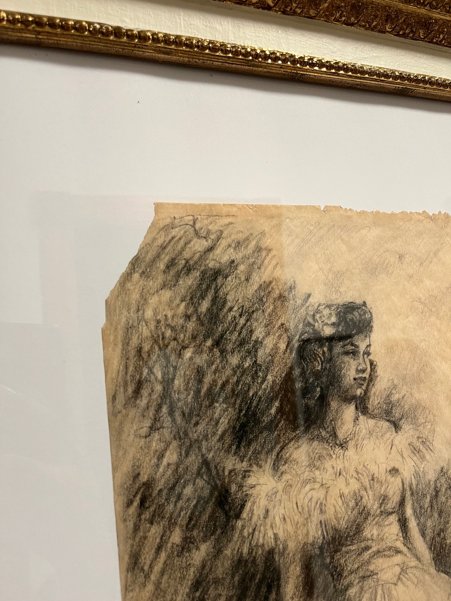 1940s Charcoal Portrait in Ornate Gold Frame