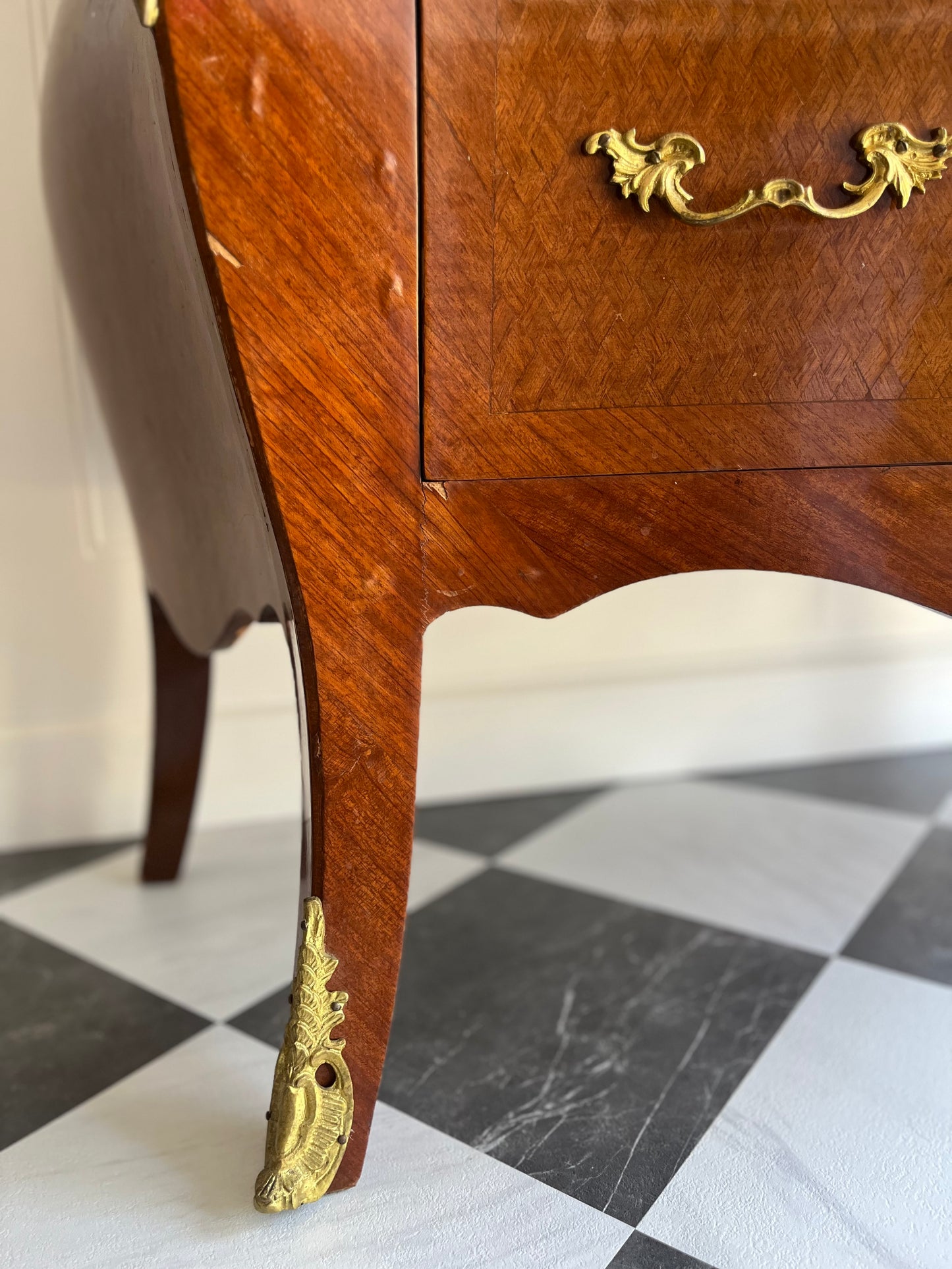 Vintage French Marquetry Bombe Commode Chest Dresser with Green Marble Top & Gilt Brass