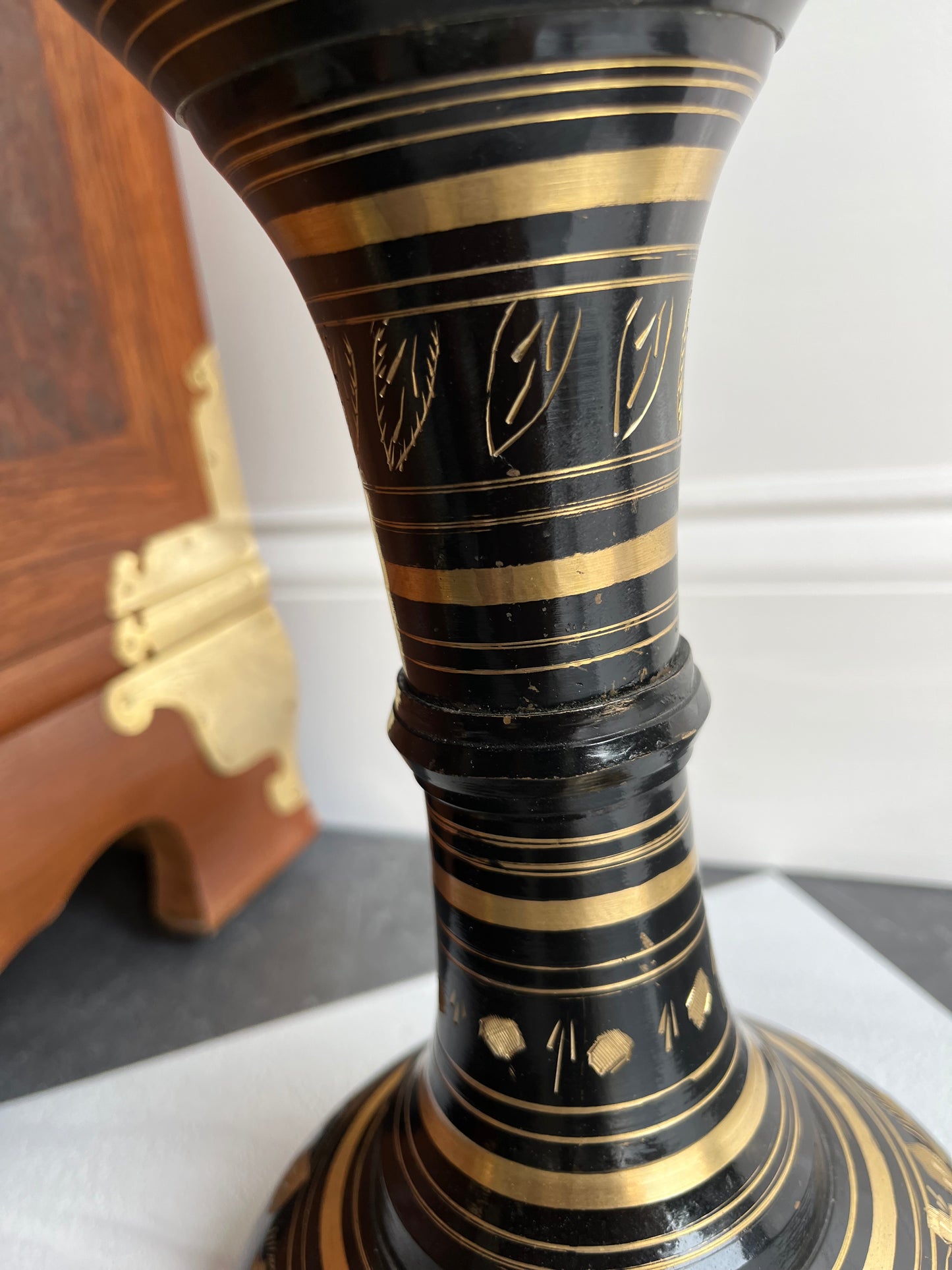 24” Hand-Etched Black & Gold Brass & Enamel Floor Vase – Statement Planter or Decorative Entryway Accent
