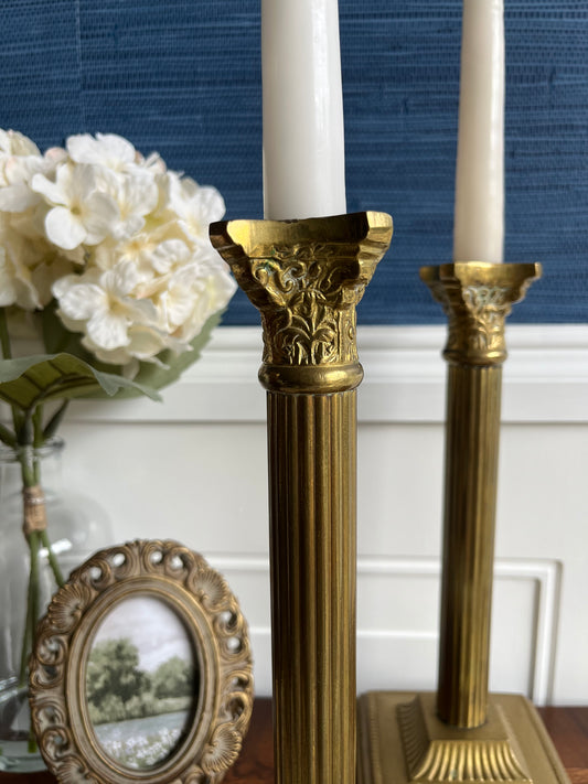 Vintage Neoclassical Brass Greek Corinthian Column Candlestick Holder Pair