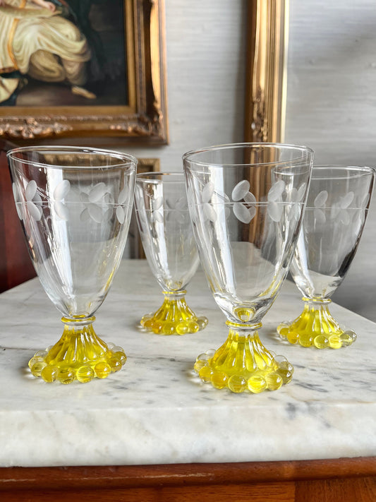 Rare Vintage Anchor Hocking Boopie Yellow Laurel Etched Cordial Foot Glasses Set of 4