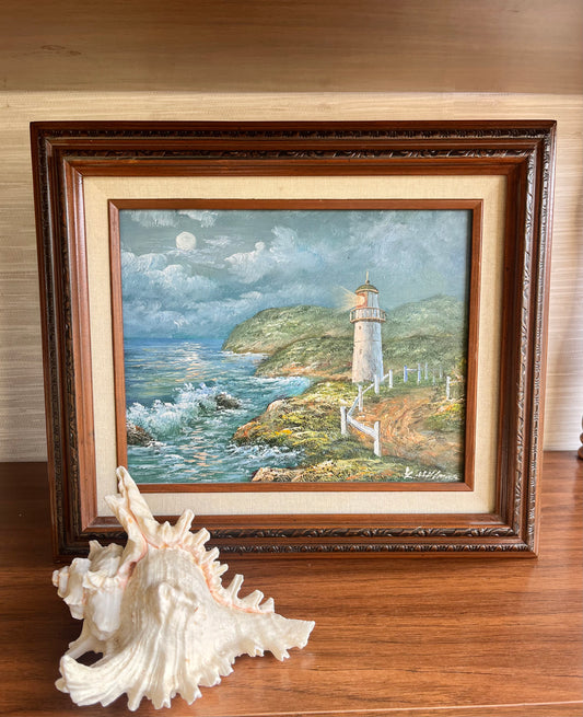 Vintage Signed Oil Painting On Board Seaside Lighthouse Landscape Wooden Framed Wall Art