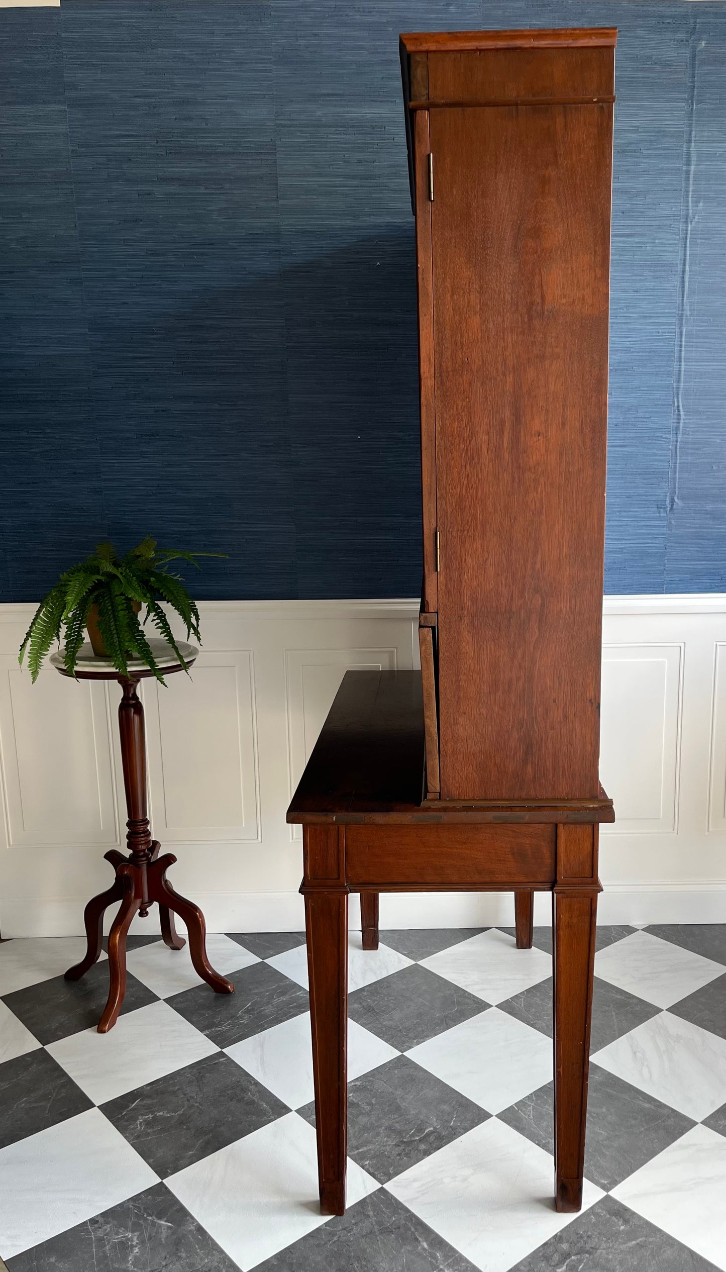 Rare Antique Hand Crafted Secretary Hutch Cabinet Federal Desk with Original Hand Blown Wavy Glass | Adjustable Shelves, Solid Walnut, Circa 1850s