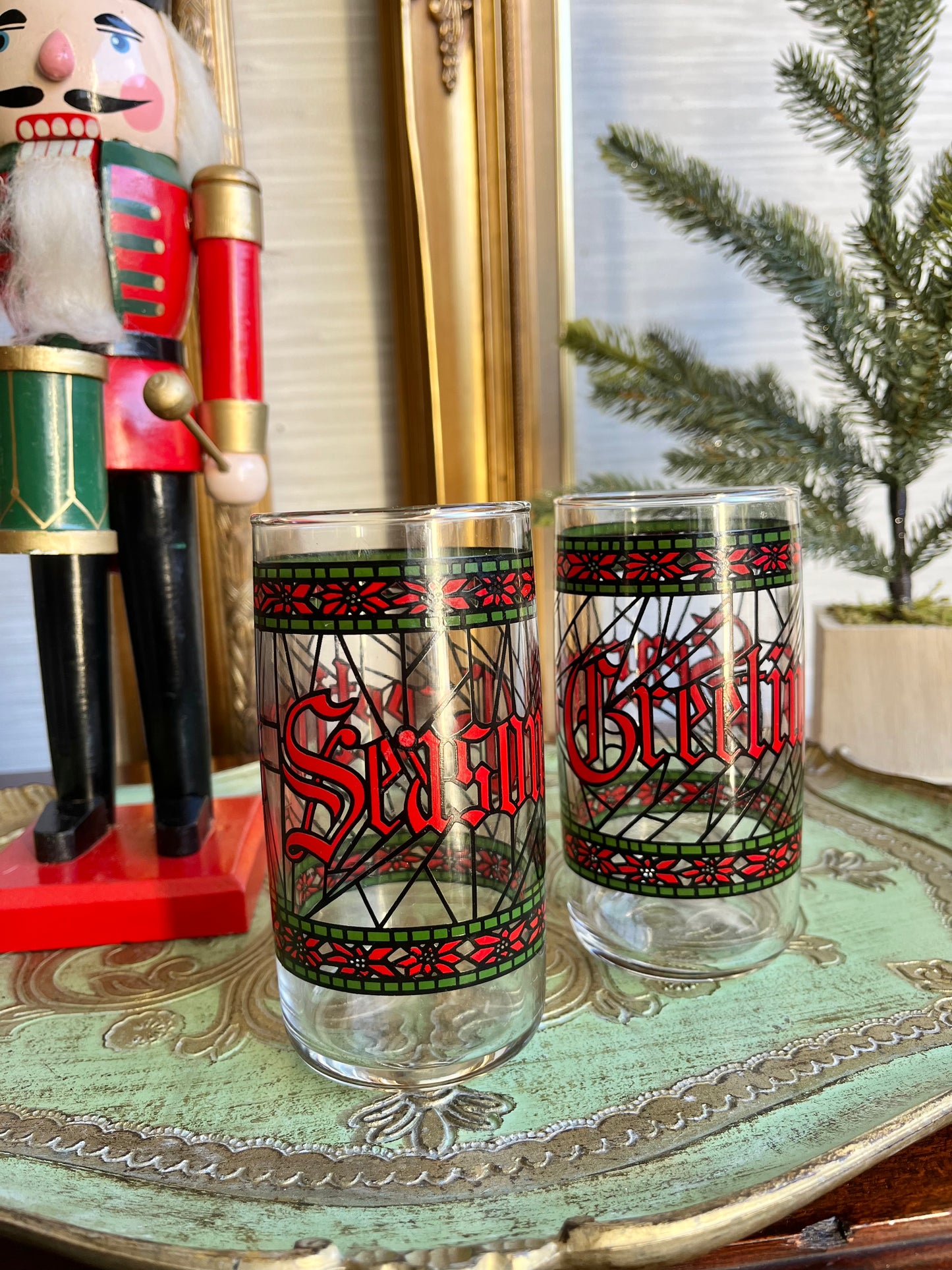 Vintage Season’s Greetings Stained Glass Tumblers by Houze Set Of 6 Glasses