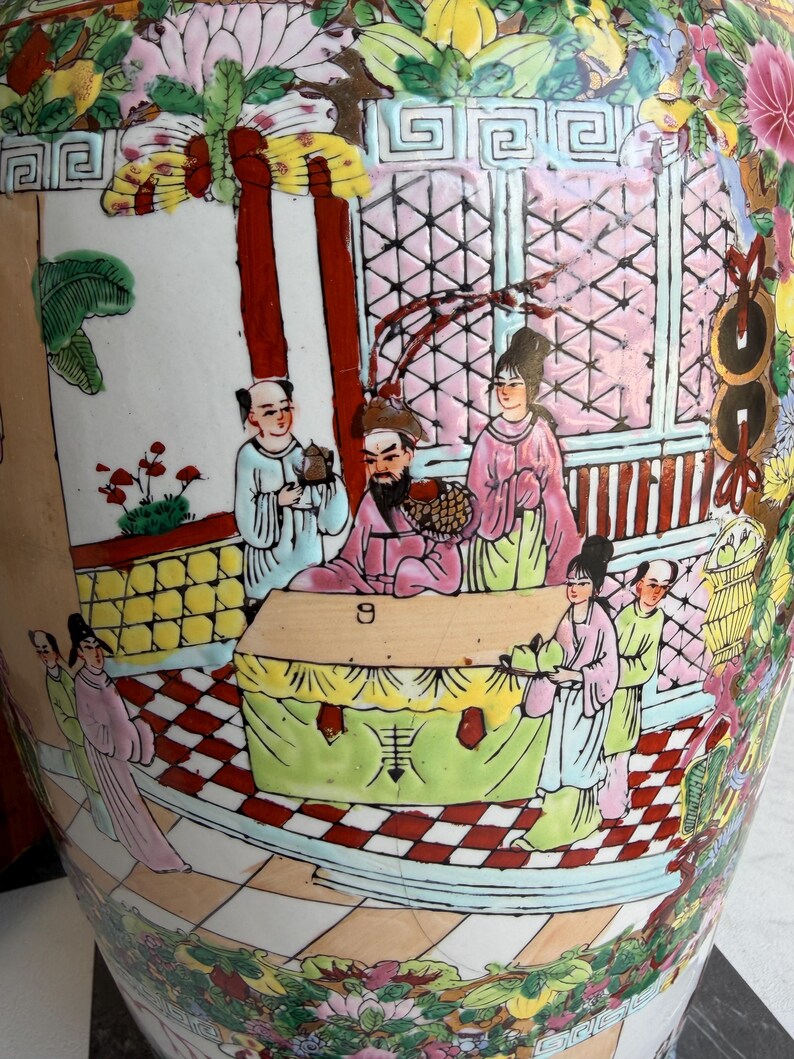 Grand Chinese Famille Rose Canton Floor Vase | 24" Hand Painted Porcelain with Gilt Foo Dog Handles