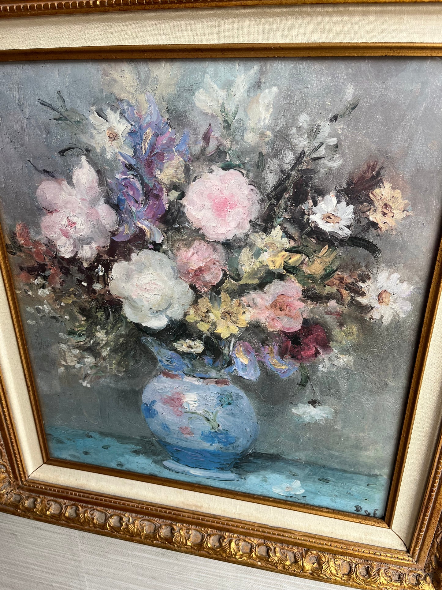 Vintage Marcel Dyf Style Framed Floral Still Life in Gilt Framed Print
