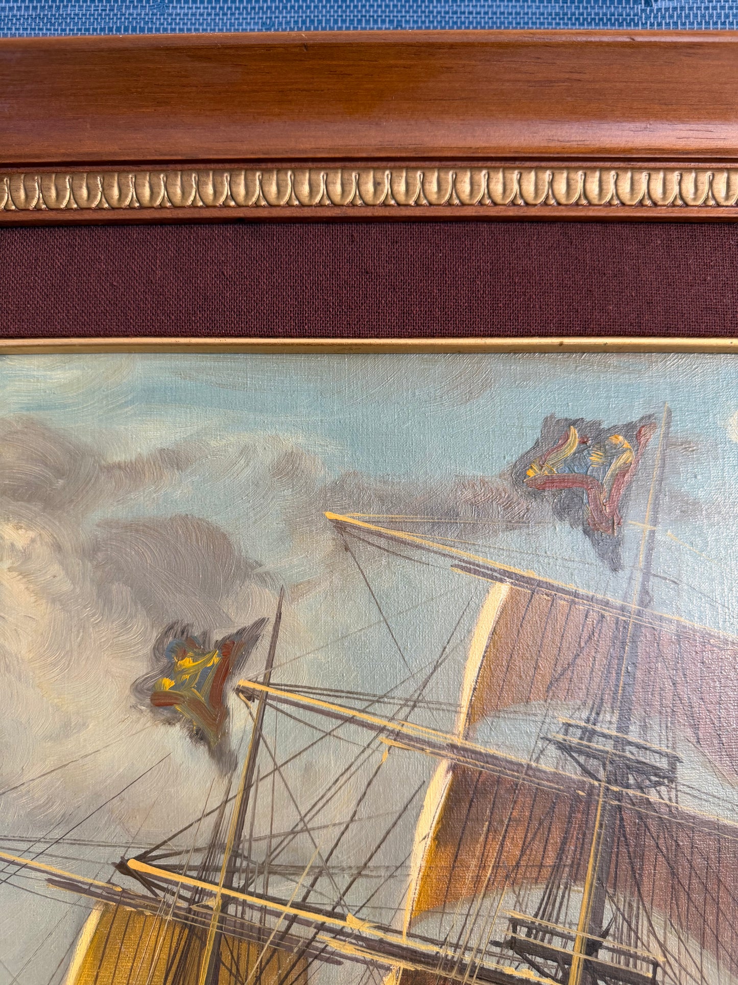 Large Vintage Original Oil Painting – Warships on a Stormy Sea, Signed & Framed Age of Sail Maritime Seascape on Canvas