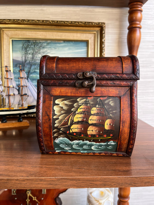 Wooden Jewelry Trinket Chest Box w/ Hand Painted Ship Art