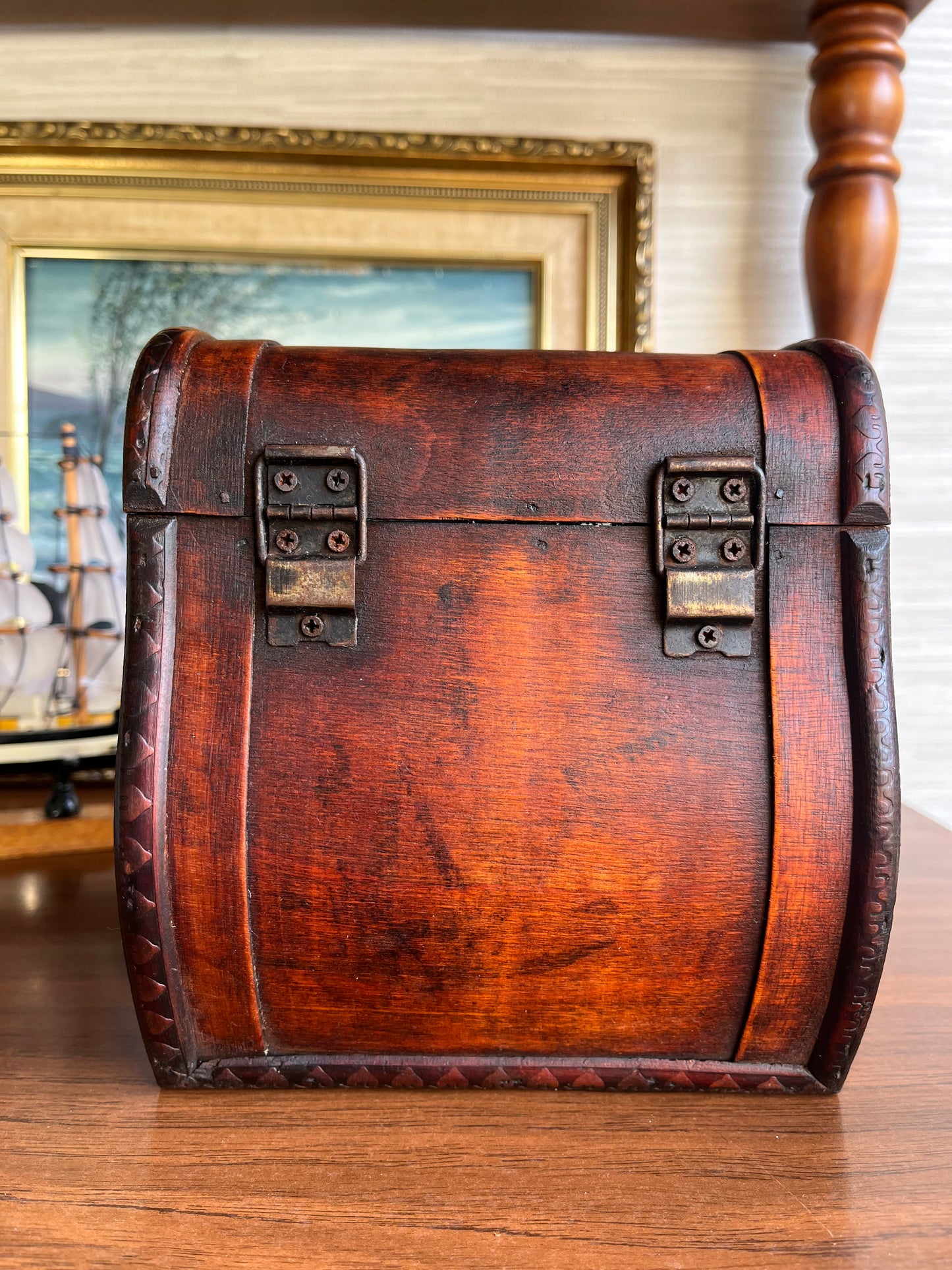 Wooden Jewelry Trinket Chest Box w/ Hand Painted Ship Art