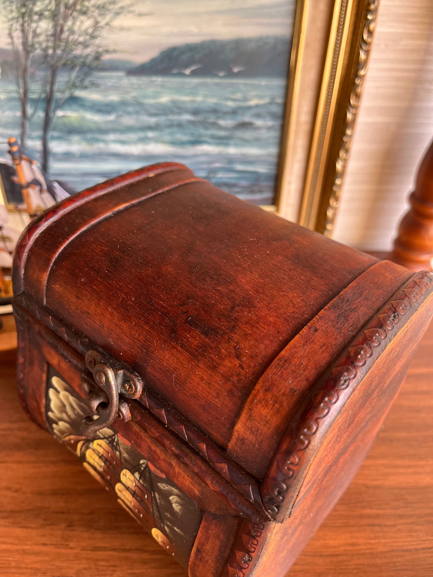 Wooden Jewelry Trinket Chest Box w/ Hand Painted Ship Art