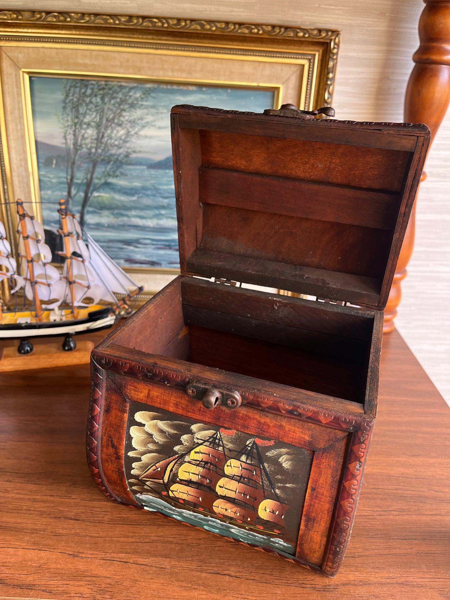 Wooden Jewelry Trinket Chest Box w/ Hand Painted Ship Art