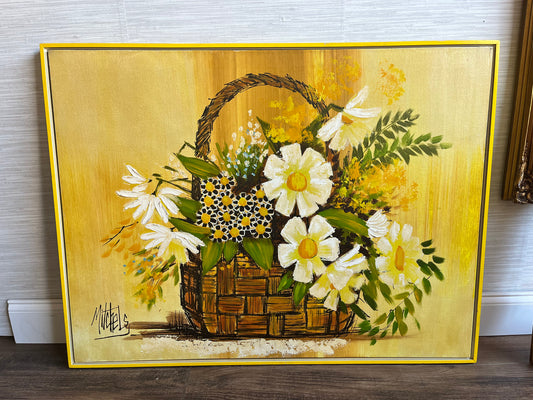 Large Mid Century Vintage 1960s Yellow Daisies Flowers in Basket Still Life Acrylic Painting on Canvas Framed Wall Art