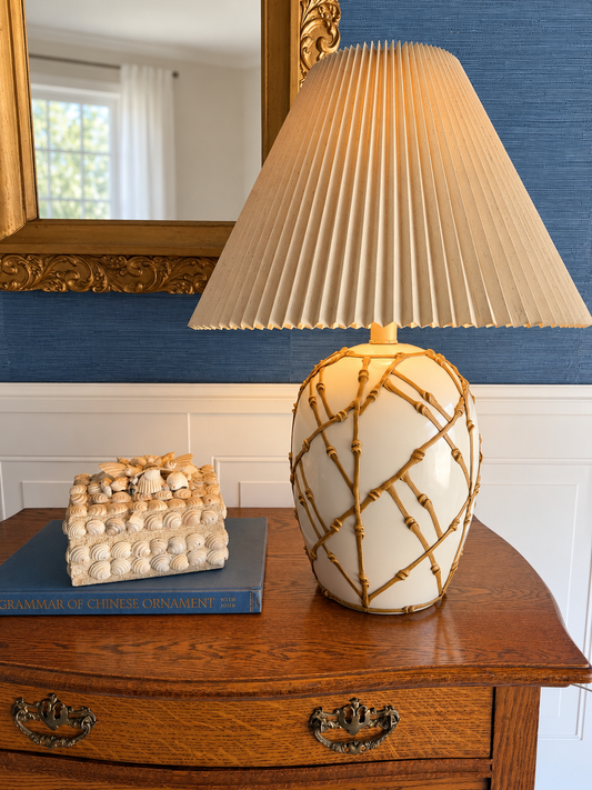 Vintage Faux Bamboo Lattice “Icing” Ceramic Table Lamp | Hollywood Regency Lamp with Pleated Shade