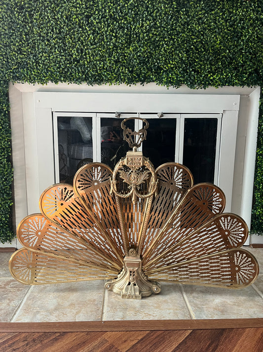 1920s Cameo Victorian Style Brass Peacock Fireplace Folding Fan Screen