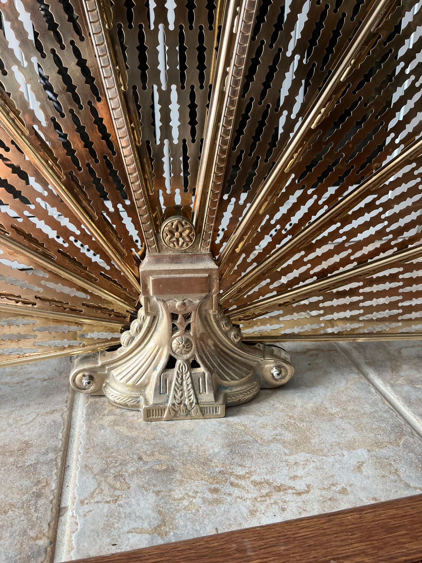 1920s Cameo Victorian Style Brass Peacock Fireplace Folding Fan Screen