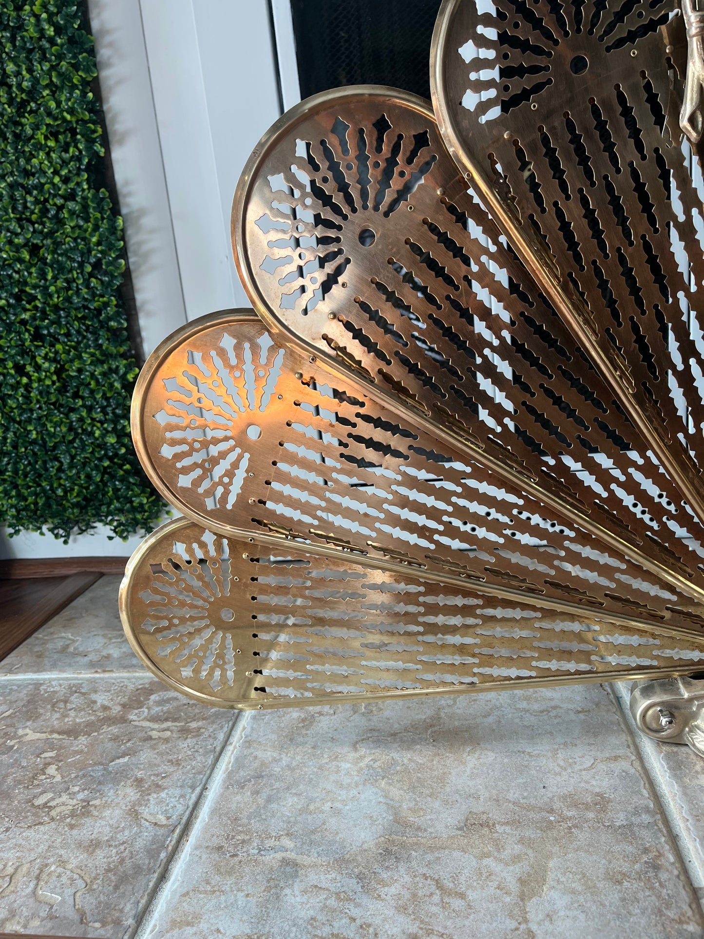 1920s Cameo Victorian Style Brass Peacock Fireplace Folding Fan Screen